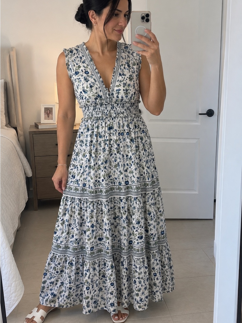 Floral Tiered Maxi Dress Max Studio Size S Blue White